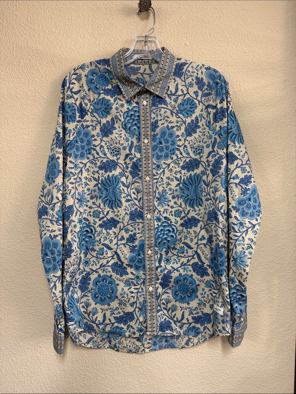 Men's Scotch & Soda Blue Tan Floral Print Long Sleeve Button Front Slim Shirt M